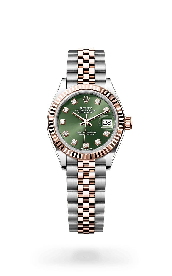 Rolex Lady’s Steel and Rose Datejust 28 Olive green diamond dot dial