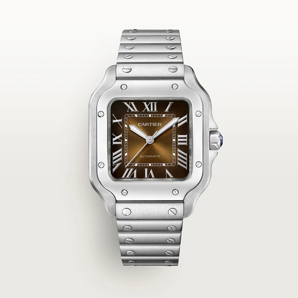 cartier santos tobacco Pre-owned de Cartier Large, Dial 2025 shaped hands and classic Roman numeral hour indexes Vintage 1980 Cartier Santos Solid