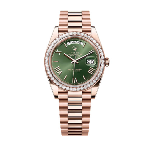 Rolex Rose Gold RBR Day Date Olive Roman dial