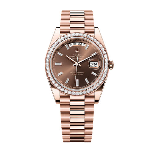 Rolex Rose Gold RBR Day Date Chocolate Baguette dial